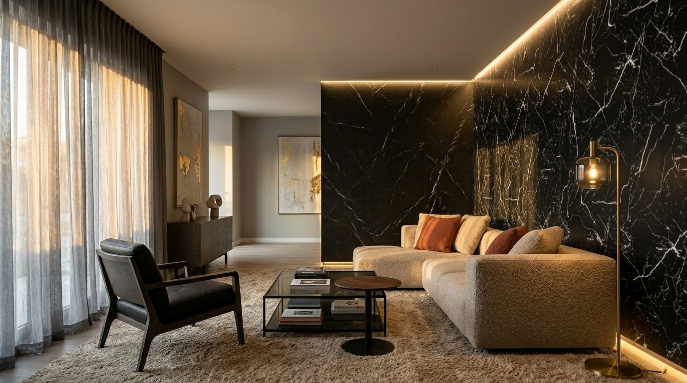 marble black v obyvacej izbe